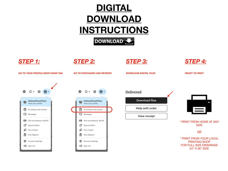 May include: A step-by-step guide on how to download digital files from Etsy. The image shows a computer screen with a profile drop-down menu, a purchases and reviews section, and a download files button. The final step shows a printer icon with instructions to print from home or a local printing shop.