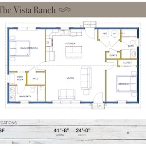 Ranch van 1.000 vierkante voet, 41'-8" x 24'-0", klein huis, plattegronden, moderne boerderij, architectonische plannen, ADU, 1 slaapkamer, 1 badkamer, woonplannen