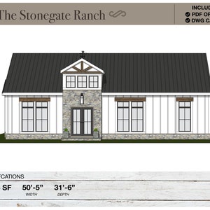 Ranch House van 1.545 vierkante voet, 50'-5" x 31'-6", cottageplattegronden, moderne boerderij, architectonische plannen, 3 slaapkamers, 2 badkamers, huisplattegronden