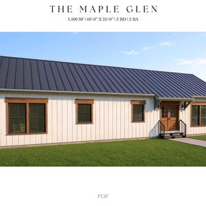 May include: A rendering of a modern farmhouse-style home with a dark blue metal roof and white siding. The home features wooden window frames and a double door entrance. The text "THE MAPLE GLEN" is at the top.