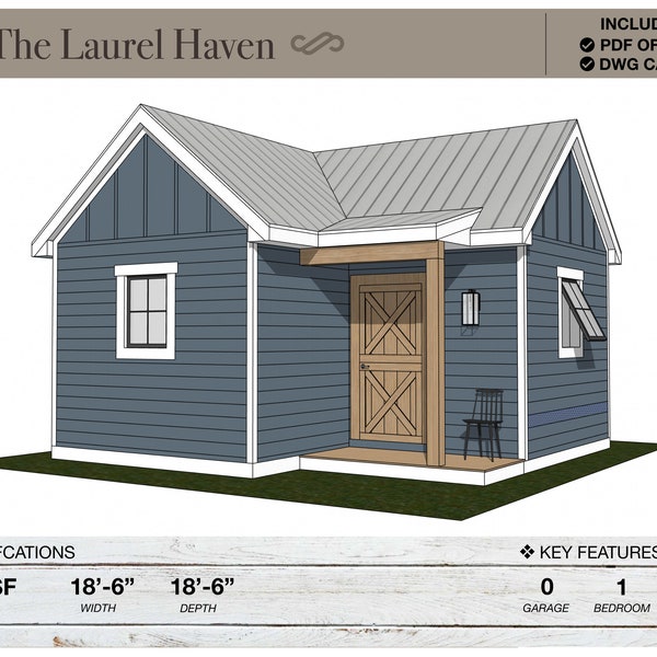 286 SQ FT, 18'-6" X 18'-6", Tiny House Plans, Modern Farmhouse, Architectural Plans, She Shed, Man Cave, Art Studio Plans