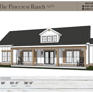 Ranch House van 1.531 vierkante voet, 50'-5" x 38'-0", cottageplattegronden, moderne boerderij, architectonische plannen, 3 slaapkamers, 2 badkamers, plattegronden huis