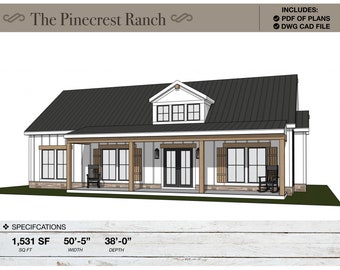 1,531 SQ FT Ranch House, 50'-5" x 38'-0", Cottage Floor Plans, Modern Farmhouse, Architectural Plans, 3 Bedrooms, 2 Bathroom, Home Plans