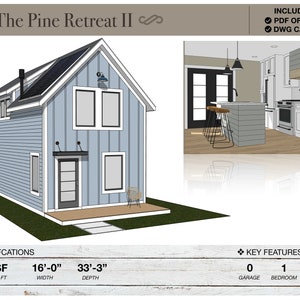832 SQ FT Tiny House, 16&#39; X 33&#39;-3&quot;, Modern Farmhouse, Architectural Floor Plans, Cabin Floor Plan, Cottage Plan