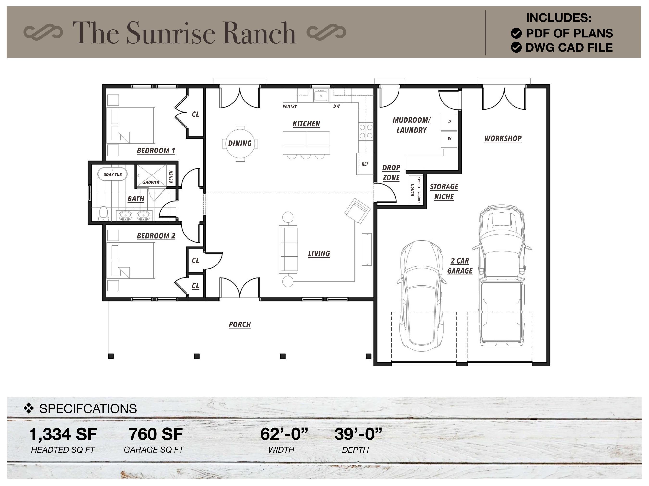 Sunrise Ranch House Plans: Modern Farmhouse, 2 Bed, 1 Bath (PDF \u0026 DWG) -  Etsy, image size:2700x2025