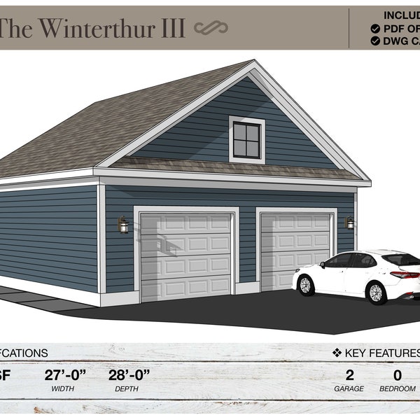 27' x 28' Detached 2 Car Garage, Workshop, Architectural Plans, Modern Farmhouse, Gable Roof, Barn, Shed