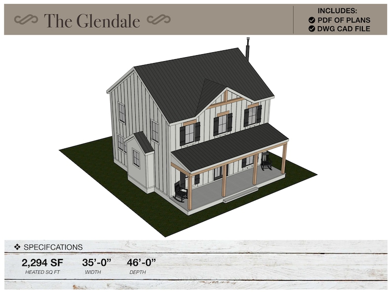Pu&ograve; includere: Un rendering 3D di una casa a due piani con un portico anteriore. La casa &egrave; bianca con persiane nere e un tetto grigio. Il portico ha una ringhiera in legno e una sedia a dondolo. La casa &egrave; di 2.294 piedi quadrati, 35 piedi di larghezza e 46 piedi di profondit&agrave;. L'immagine include il testo "The Glendale" e "INCLUDES: PDF OF PLANS, DWG CAD FILE".