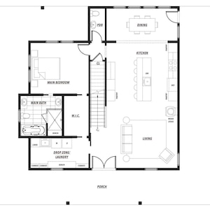 Może przedstawiać: Czarno-biały plan architektoniczny oznaczony jako "FIRST FLOOR". Plan obejmuje gł&oacute;wną sypialnię, gł&oacute;wną łazienkę, kuchnię, jadalnię, salon i pralnię. Plan jest widokiem z g&oacute;ry.