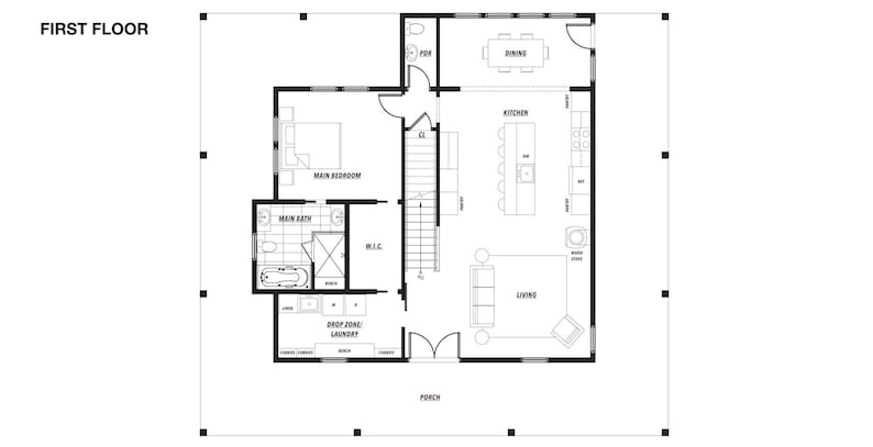 Może przedstawiać: Czarno-biały plan architektoniczny oznaczony jako "FIRST FLOOR". Plan obejmuje gł&oacute;wną sypialnię, gł&oacute;wną łazienkę, kuchnię, jadalnię, salon i pralnię. Plan jest widokiem z g&oacute;ry.