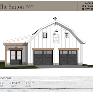 1,020 SQ FT, 36&#39; X 30&#39;, Detached 2 Car Garage, Workshop, Barn, Shed, Modern Farmhouse, Porch, Architectural Plans, Blueprints, Barndominium