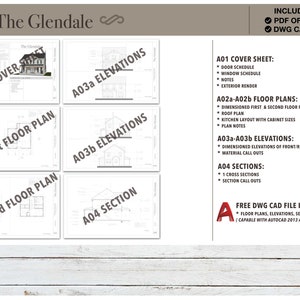 Pu&ograve; includere: Il progetto della casa Glendale include una copertina, planimetrie, alzati e sezioni. I piani sono disponibili in formato PDF e DWG. Il file DWG &egrave; compatibile con AutoCAD 2013 e versioni successive.