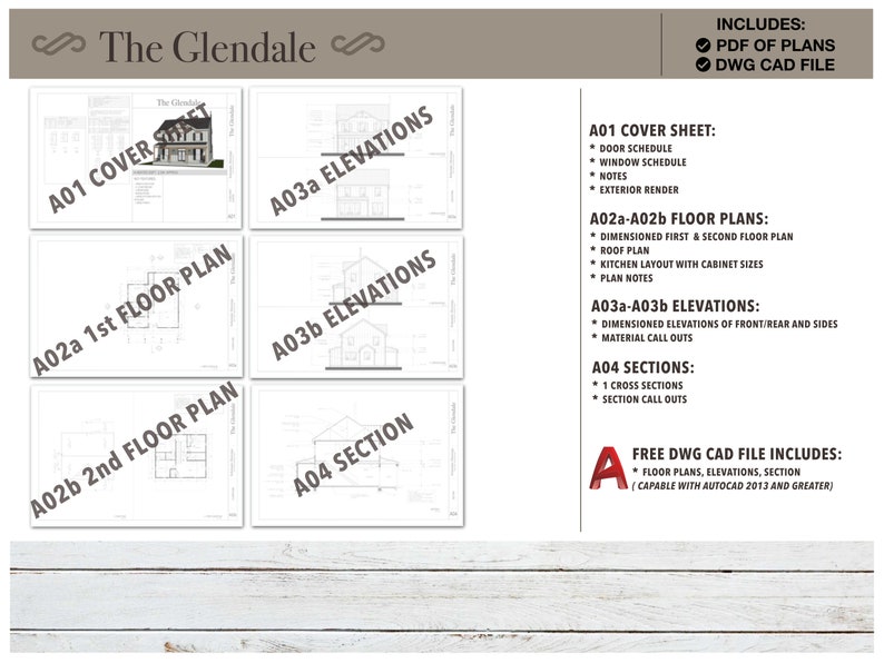 Pu&ograve; includere: Il progetto della casa Glendale include una copertina, planimetrie, alzati e sezioni. I piani sono disponibili in formato PDF e DWG. Il file DWG &egrave; compatibile con AutoCAD 2013 e versioni successive.