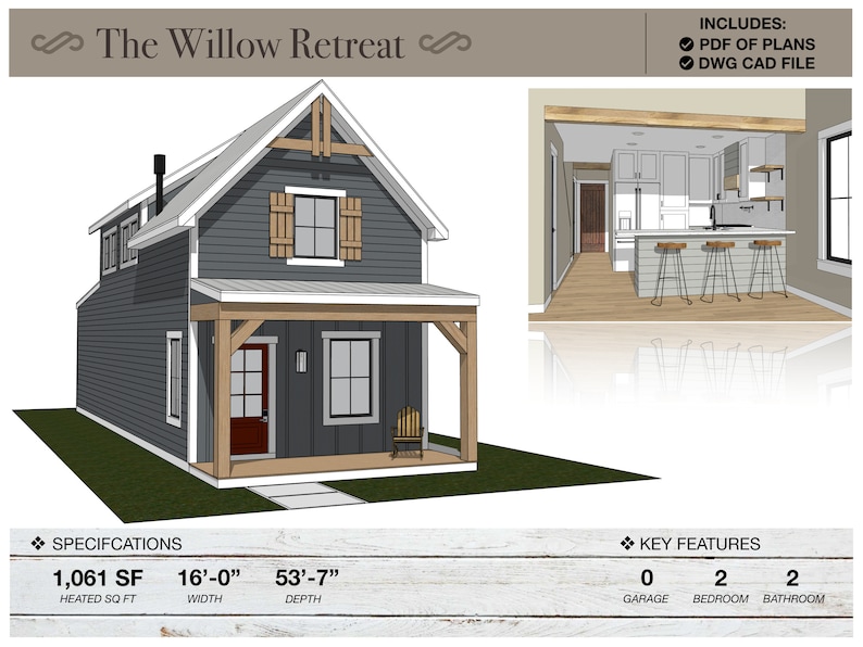 Modern farmhouse, tiny house, small, guest, in law suite, suite, architectural plans, modern, cute, cozy, porch, airbnb house plans, loft, 2 bedroom, 2 bathroom, 1000 square feet, small, blueprints, vacation house, cabin plans, cottage, 2 levels