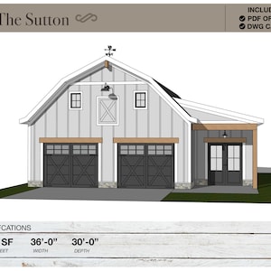 1,020 SQ FT, 36&#39; X 30&#39;, Detached 2 Car Garage, Workshop, Barn, Shed, Modern Farmhouse, Porch, Architectural Plans, Blueprints, Barndominium