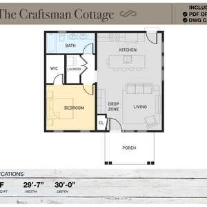 740 vierkante voet Tiny House, 29'-7" x 30'-0", cottage, plattegronden, moderne boerderij, architectonische plannen, ranch, 1 slaapkamer, 1 badkamer, huisplannen