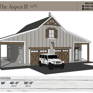 1,200 SQ FT, 46&#39; X 35&#39;, Detached 2 Car Garage Plans, Workshop, Barn, Shed, Modern Farmhouse, Porch, Architectural Plans, Blueprints, Porch