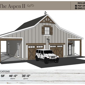 1,200 SQ FT, 46' X 35', Detached 2 Car Garage, Workshop, Barn, Shed, Modern Farmhouse, Porch, Architectural Plans, Blueprints, Porch