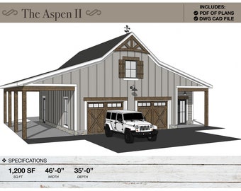 1,200 SQ FT, 46' X 35', Detached 2 Car Garage, Workshop, Barn, Shed, Modern Farmhouse, Porch, Architectural Plans, Blueprints, Porch