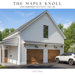 May include: Exterior view of a white two-car garage with wooden doors and black hardware. The building has a gabled roof and a small porch. A white SUV is parked in the driveway. The text "THE MAPLE KNOLL" is at the top.