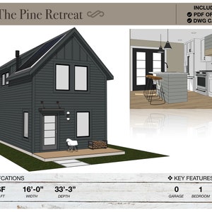 832 vierkante voet Tiny House, 16' x 33'-3", Tiny House-plattegronden, moderne boerderij, architectonische plattegronden, hutplattegronden, cottage-plattegronden, cottageplattegronden