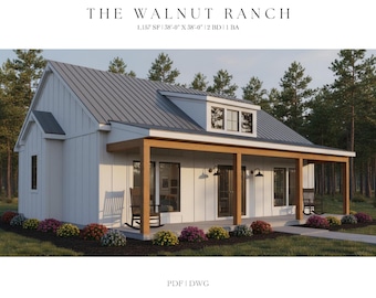 Modern Farmhouse Cottage Plans: 2 Bedroom Ranch House (Digital Download)