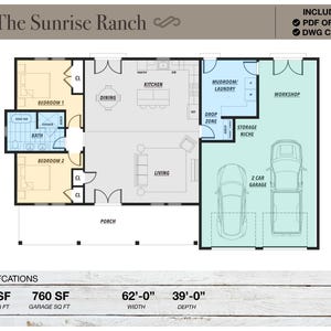 Ranch House van 1.334 vierkante voet, plattegrond ranch, moderne boerderij, Scandinavische boerderij, 2 slaapkamers, 1 badkamer, plattegronden huis