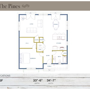 Cabaña de 1197 pies cuadrados (10,1 m x 8,5 m), planos de planta, cabaña, planos arquitectónicos, estilo rancho Craftsman, 1 dormitorio, 1 baño, planos de vivienda