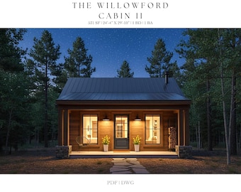 May include: A nighttime view of a small cabin, the Willowford Cabin II, nestled in a forest. The cabin has a dark metal roof, wooden siding, and three windows with warm interior lighting. The text "THE WILLOWFORD CABIN II" is at the top.