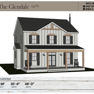 Pu&ograve; includere: Un rendering 3D di una casa a due piani con un portico anteriore. La casa &egrave; bianca con persiane nere e un tetto nero. Il portico ha una ringhiera in legno e due sedie a dondolo. La casa &egrave; di 2.294 piedi quadrati, 35 piedi di larghezza e 46 piedi di profondit&agrave;. Il testo "The Glendale" &egrave; nella parte superiore dell'immagine.