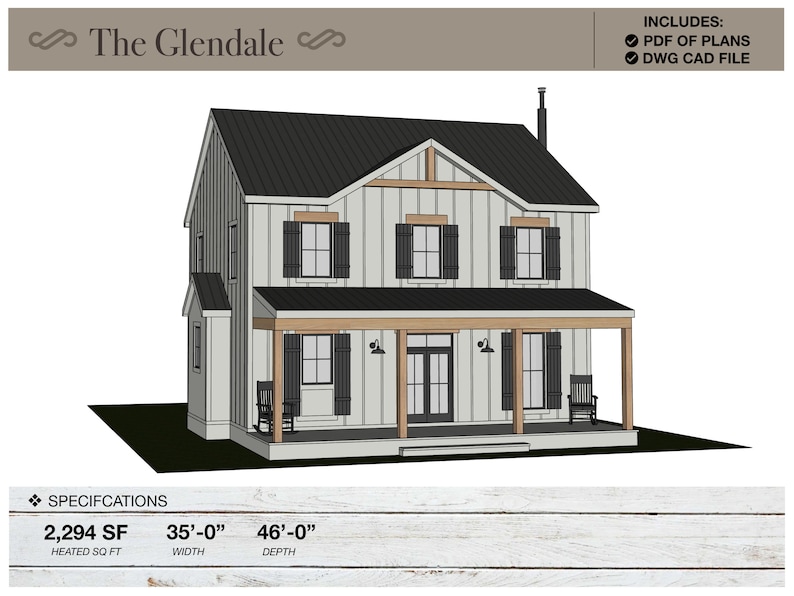 Pu&ograve; includere: Un rendering 3D di una casa a due piani con un portico anteriore. La casa &egrave; bianca con persiane nere e un tetto nero. Il portico ha una ringhiera in legno e due sedie a dondolo. La casa &egrave; di 2.294 piedi quadrati, 35 piedi di larghezza e 46 piedi di profondit&agrave;. Il testo "The Glendale" &egrave; nella parte superiore dell'immagine.