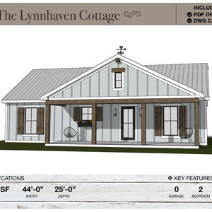 1,112 SQ FT Ranch, 44&#39;-0&quot; X 25&#39;-0&quot;, Cottage Floor Plans, Architectural Plans, Modern Farmhouse, 2 Bedroom, 2 Bathroom, Porch, Custom House