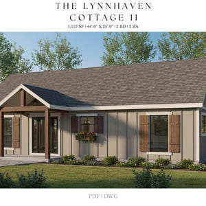 May include: Architectural rendering of The Lynnhaven Cottage II, a small house with a gray roof and light gray siding. The design includes brown shutters, a front porch, and a flower box. The text on the image reads: 1.112 SF | 44'-0" X 25'-0" | 2 BD | 2 BA.