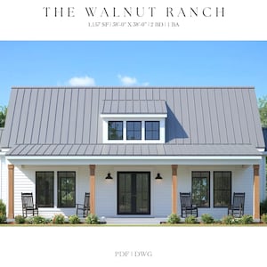 May include: Exterior view of a white farmhouse with a gray metal roof. The house has black framed windows and doors, a covered porch with rocking chairs, and the text "THE WALNUT RANCH".