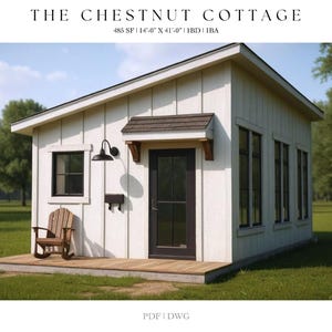 Planos de minicasa de campo moderna: Cabaña de 485 pies cuadrados, unidad de vivienda adicional y cabaña (descarga digital)