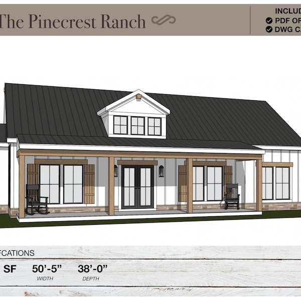 1,531 SQ FT Ranch House, 50'-5" x 38'-0", Cottage Floor Plans, Modern Farmhouse, Architectural Plans, 3 Bedrooms, 2 Bathroom, Home Plans