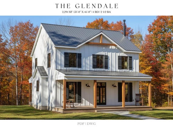 2,294 SQ FT Modern Farm House, 35'-0" x 46'-0", Cottage Floor Plans, Architectural Plans, 4 Bedrooms, 2 1/2 Bathroom, Home Plans, Cabin