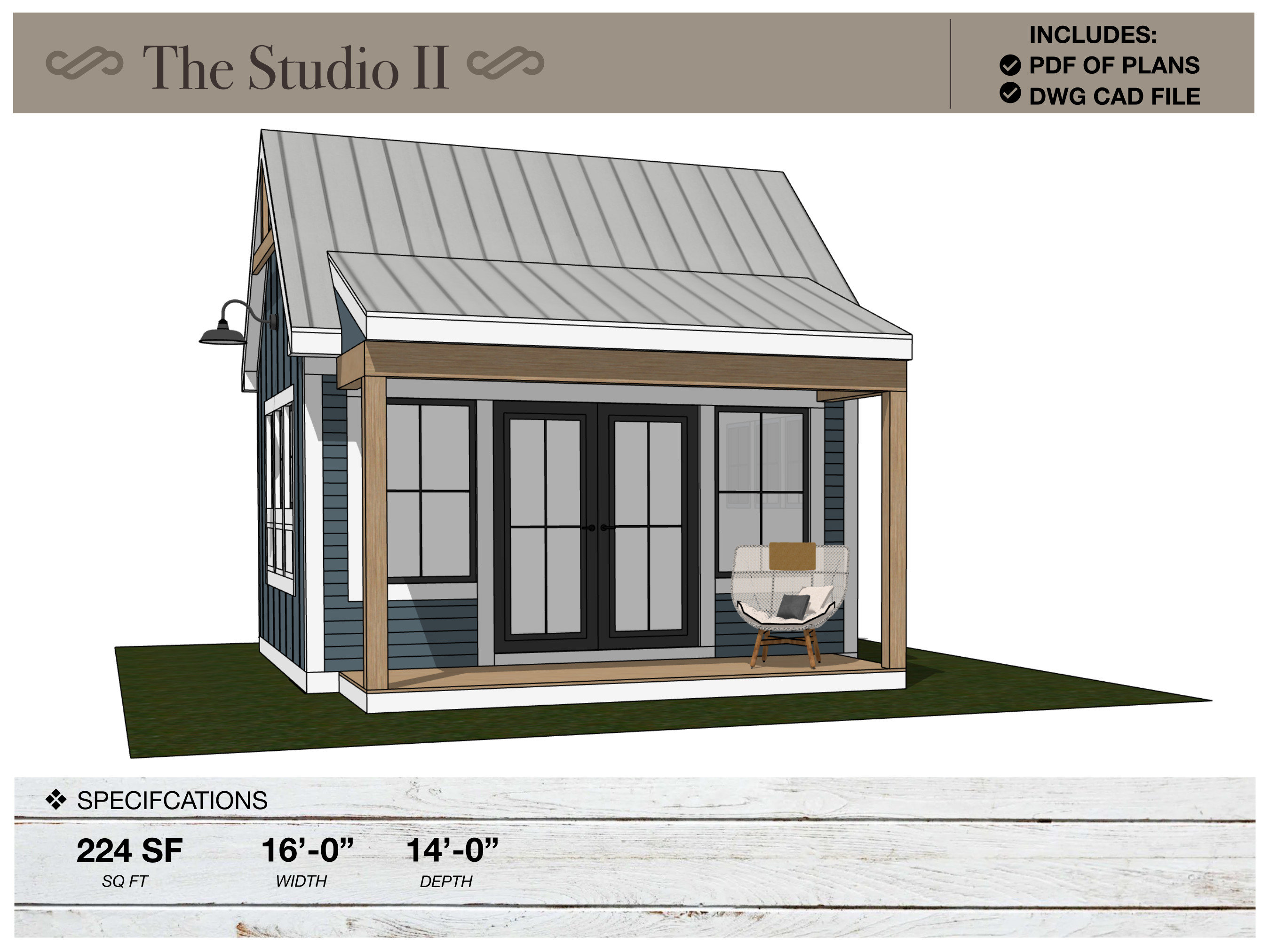 224 SQ FT, 16' X 14', Casita, Studio, She Den, Man Cave, Garden Shed, Art Studio, Guest House, Granny Suite, Tiny House, Architectural Plans