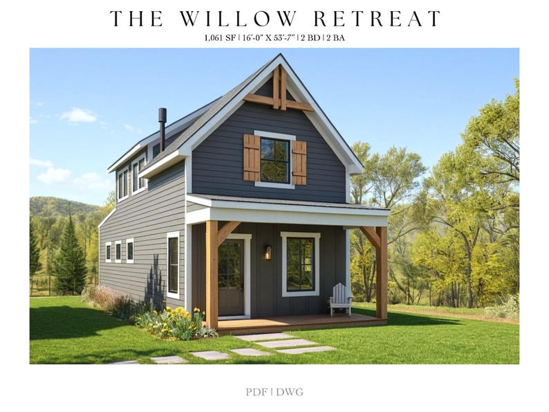 1,061 SQFT Tiny House, 16' X 53'-7", 2 Bedrooms, 2 Baths, House Plans, Modern Farmhouse, Architectural Floor Plans, Cabin, Tiny House, Loft image 1