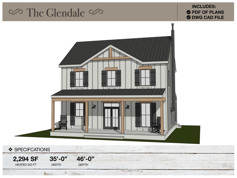 Pu&ograve; includere: Un rendering 3D di una casa a due piani con un esterno bianco, persiane nere e un portico in legno marrone. La casa ha un tetto grigio e un camino nero. La casa &egrave; larga 35 piedi e profonda 46 piedi e ha 2.294 piedi quadrati di spazio riscaldato. Il testo "The Glendale" &egrave; nella parte superiore dell'immagine. Il testo "INCLUDES: PDF OF PLANS DWG CAD FILE" &egrave; nell'angolo in alto a destra dell'immagine.