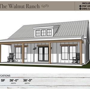 Ranch House van 1157 vierkante voet, 38'-0" x 38'-0", cottageplattegronden, moderne boerderij, architectonische plannen, 2 slaapkamers, 1 badkamer, plattegronden