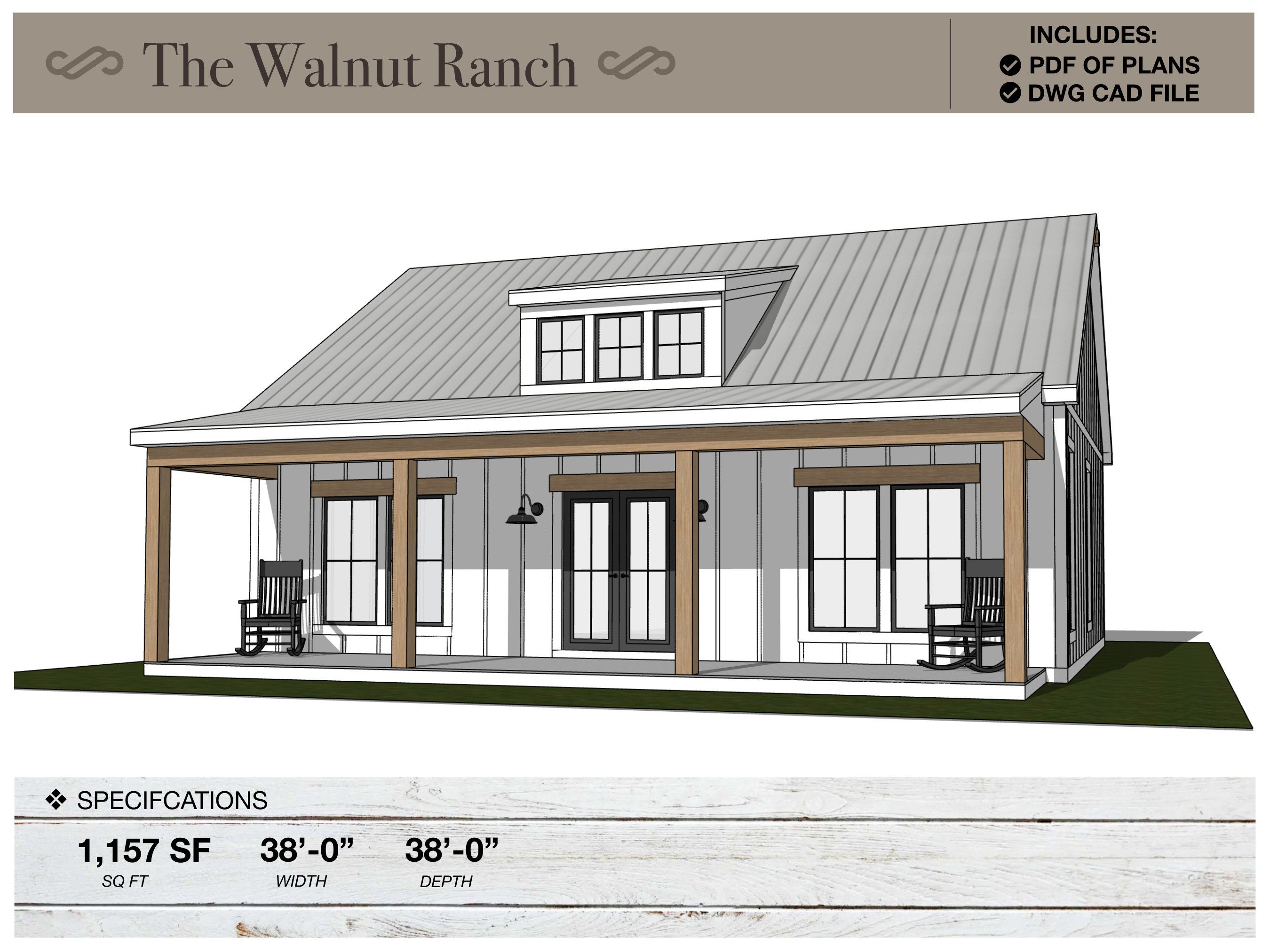 1,157 SQ FT Ranch House, 38'0 X 38'0, Cottage Floor Plans, Modern Farmhouse, Architectural Plans, 2 Bedrooms, 1 Bathroom, House Plans - Etsy This charming 1,157 sq ft ranch house features a modern farmhouse design with 2 bedrooms and 1 bathroom. The open floor plan and cottage-style exterior make it the perfect cozy home for those looking for a simple yet stylish living space. Available for purchase on Etsy, these architectural plans offer a detailed layout for building your dream ranch house.