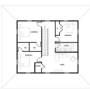 Może przedstawiać: Czarno-biały plan architektoniczny oznaczony jako "SECOND FLOOR". Plan obejmuje sypialnie, łazienki, szafy i pok&oacute;j bonusowy. Układ jest zamknięty w prostokątnej ramie.