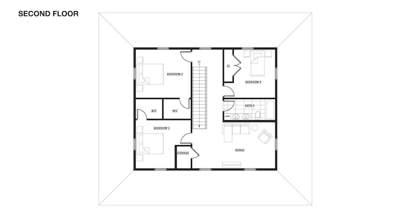 Może przedstawiać: Czarno-biały plan architektoniczny oznaczony jako "SECOND FLOOR". Plan obejmuje sypialnie, łazienki, szafy i pok&oacute;j bonusowy. Układ jest zamknięty w prostokątnej ramie.