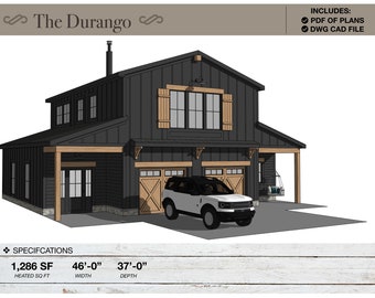 Barndominium, 2 Car Garage, Apartment, 1,286 SQ FT, 46' X 37' , Tiny House, Floor Plans, Modern Farmhouse, Architectural Plans, House Plans