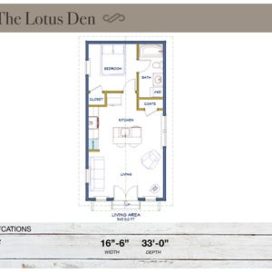 Casa pequeña de 545 pies cuadrados (4,9 m x 8,9 m), tipo cabaña, planos de planta, unidad de vivienda adicional (ADU), planos arquitectónicos, casa de campo, rancho, 1 dormitorio, 1 baño, planos de vivienda.