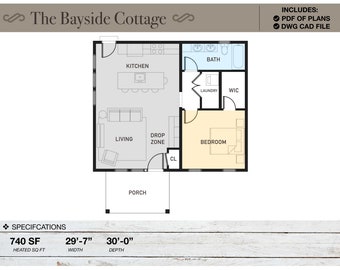 740 SQ FT Tiny House, 29'-7" x 30'-0", Cabin, Floor Plans, Modern Farmhouse, Architectural Plans, Ranch, 1 bedroom, 1 bathroom, Home Plans