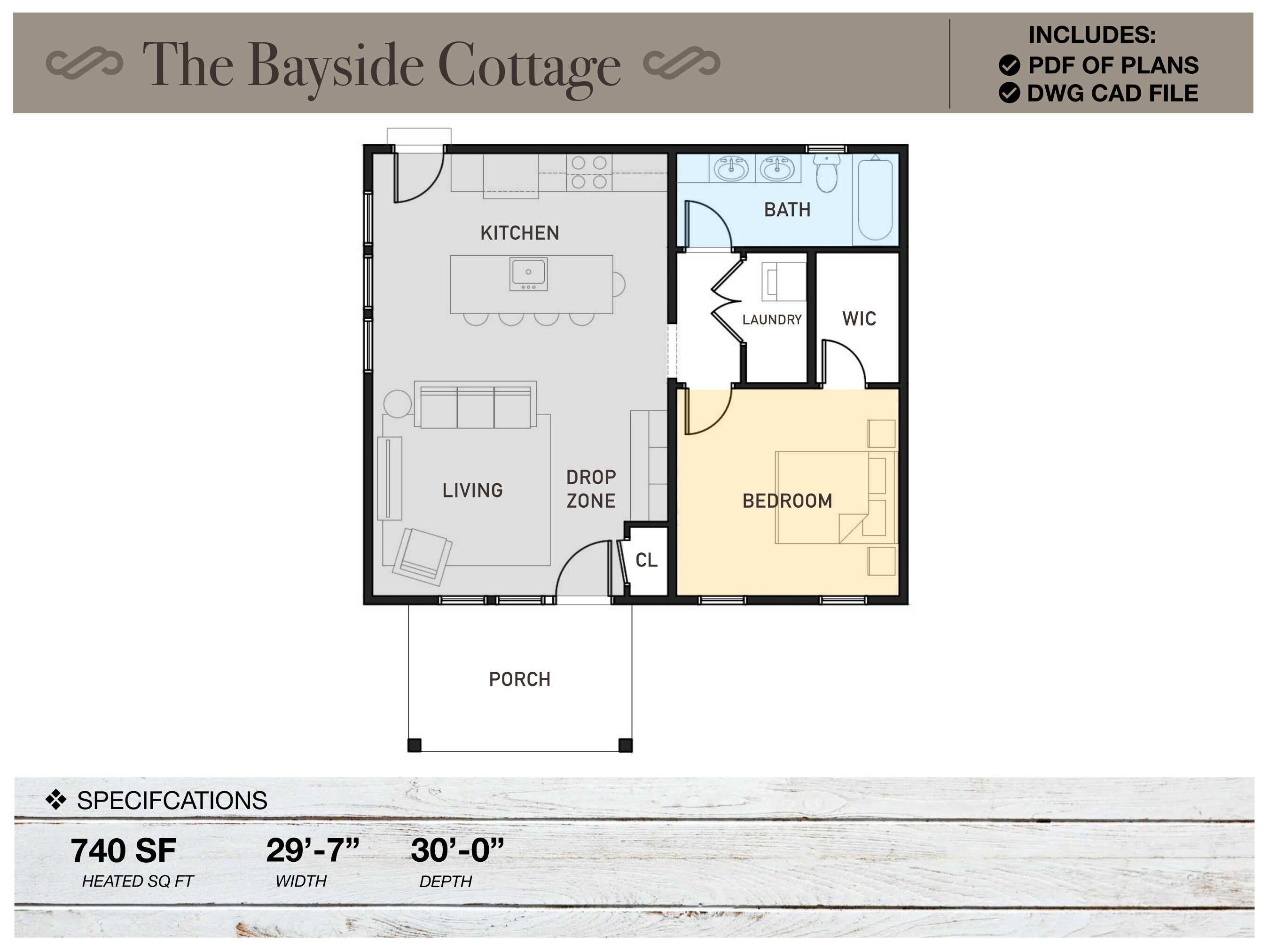740 SQ FT Tiny House, 29'-7" x 30'-0", Cabin, Floor Plans, Modern Farmhouse, Architectural Plans, Ranch, 1 bedroom, 1 bathroom, House Plans