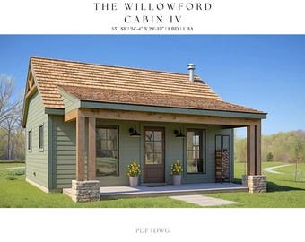 May include: A digital rendering of a small cabin, the Willowford Cabin IV, with a green exterior and a brown shingle roof. The cabin has a porch with wooden beams and stone pillars. The text on the image reads: 531 SF | 24'-4" X 29'-10" | 1 BD | 1 BA.