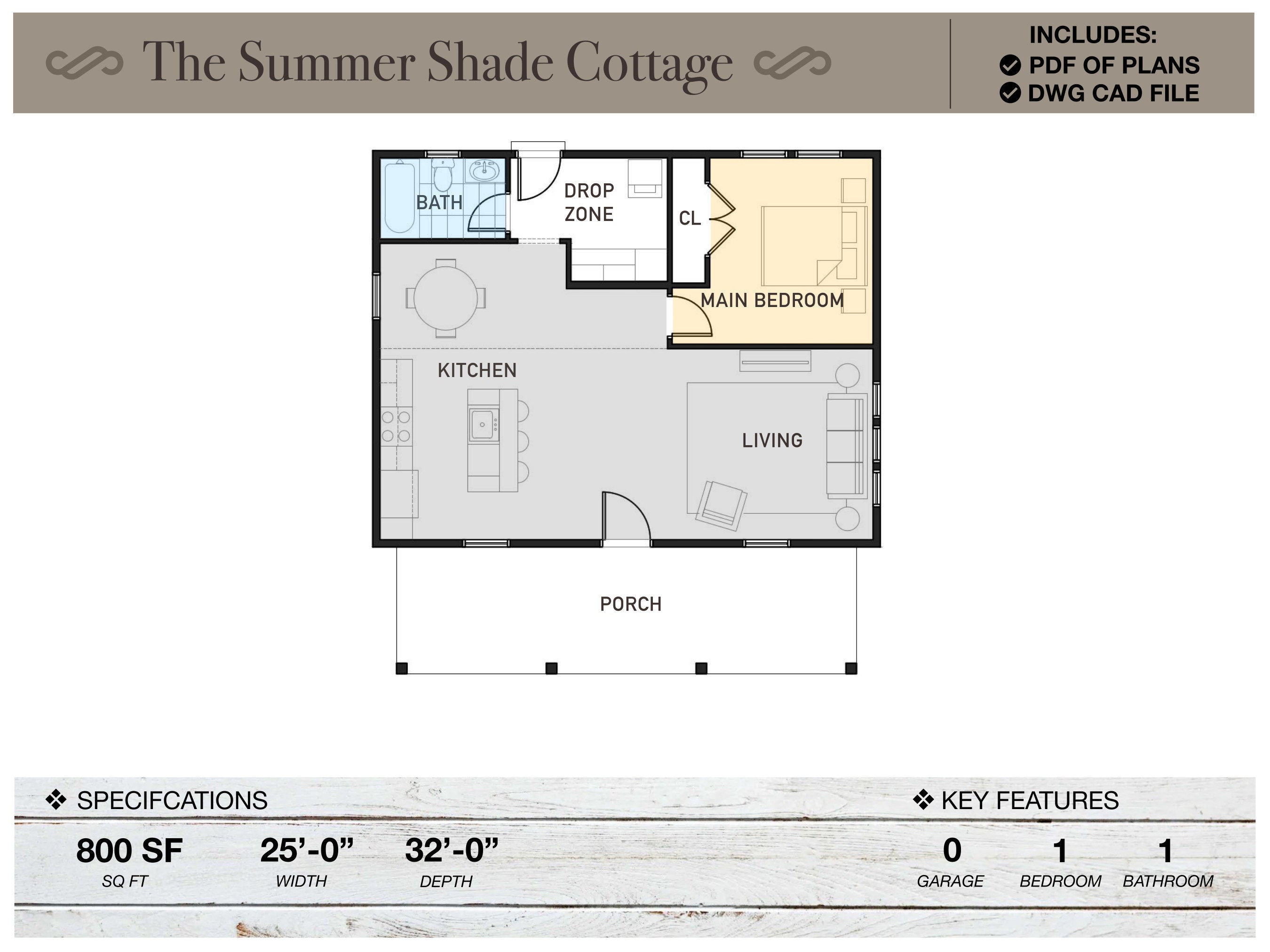 800 Quadratfuß kleines Haus, 32 '-0 "x 25'-0", Cottage, Grundriss, modernes Bauernhaus, Architekturpläne, Ranch, 1 Schlafzimmer, 1 Badezimmer, Hauspläne
