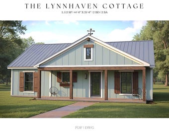 Rancho de 1112 pies cuadrados, 44'-0" x 25'-0", planos de planta de cabaña, planos arquitectónicos, casa de campo moderna, 2 dormitorios, 2 baños, porche, casa personalizada